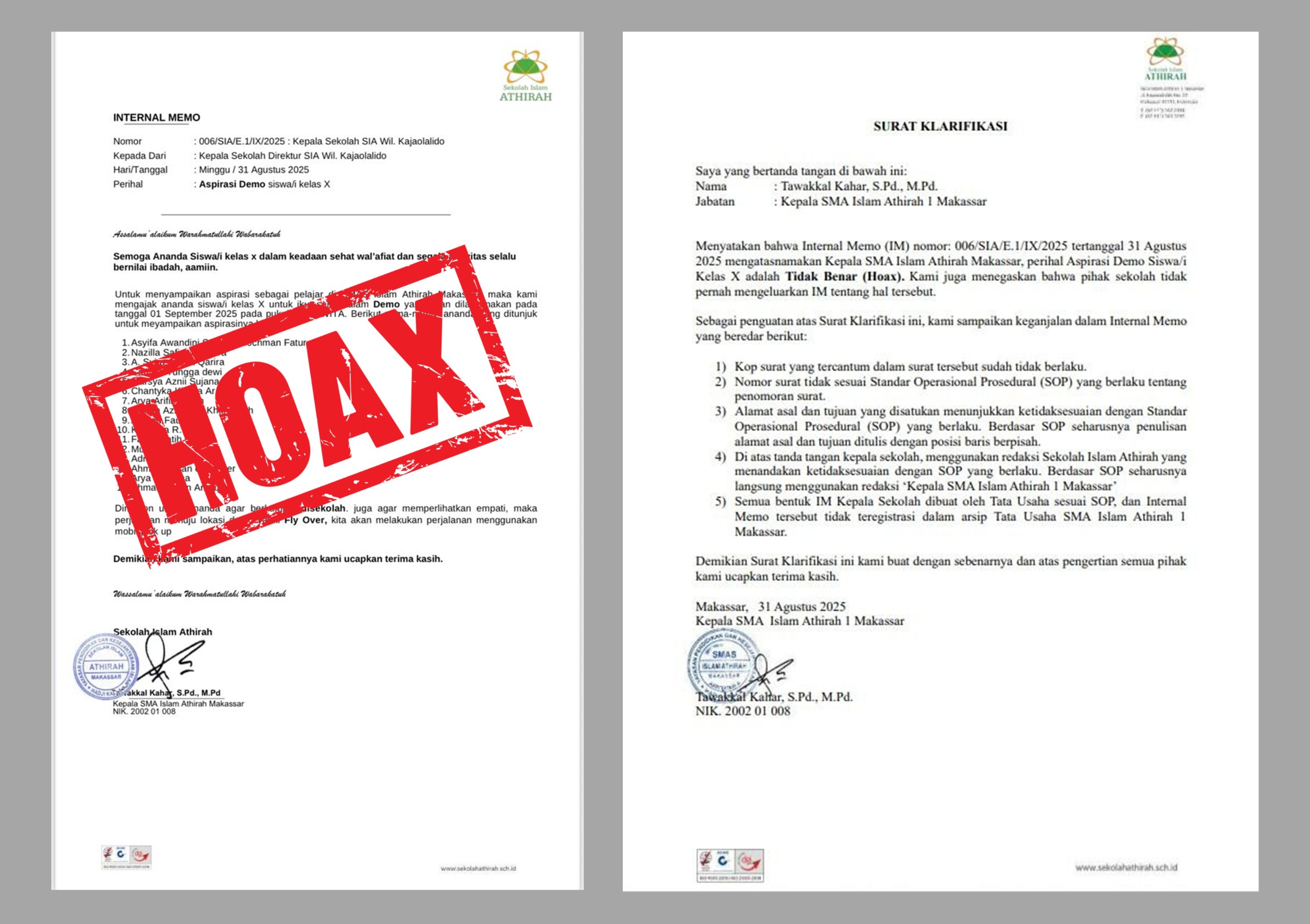 SMA Islam Athirah 1 Makassar Tegaskan Memo Ajakan Demo Siswa adalah Hoaks